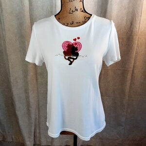 Valentine's Short Sleeve Embellished White Tee Cats & Hearts Sz S